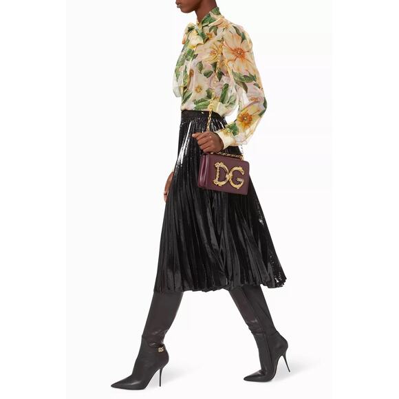 NWT Dolce & Gabbana Black Pleated Midi Skirt in Flowing Lamé Velvet  IT 38 US XS - Picture 9 of 13
